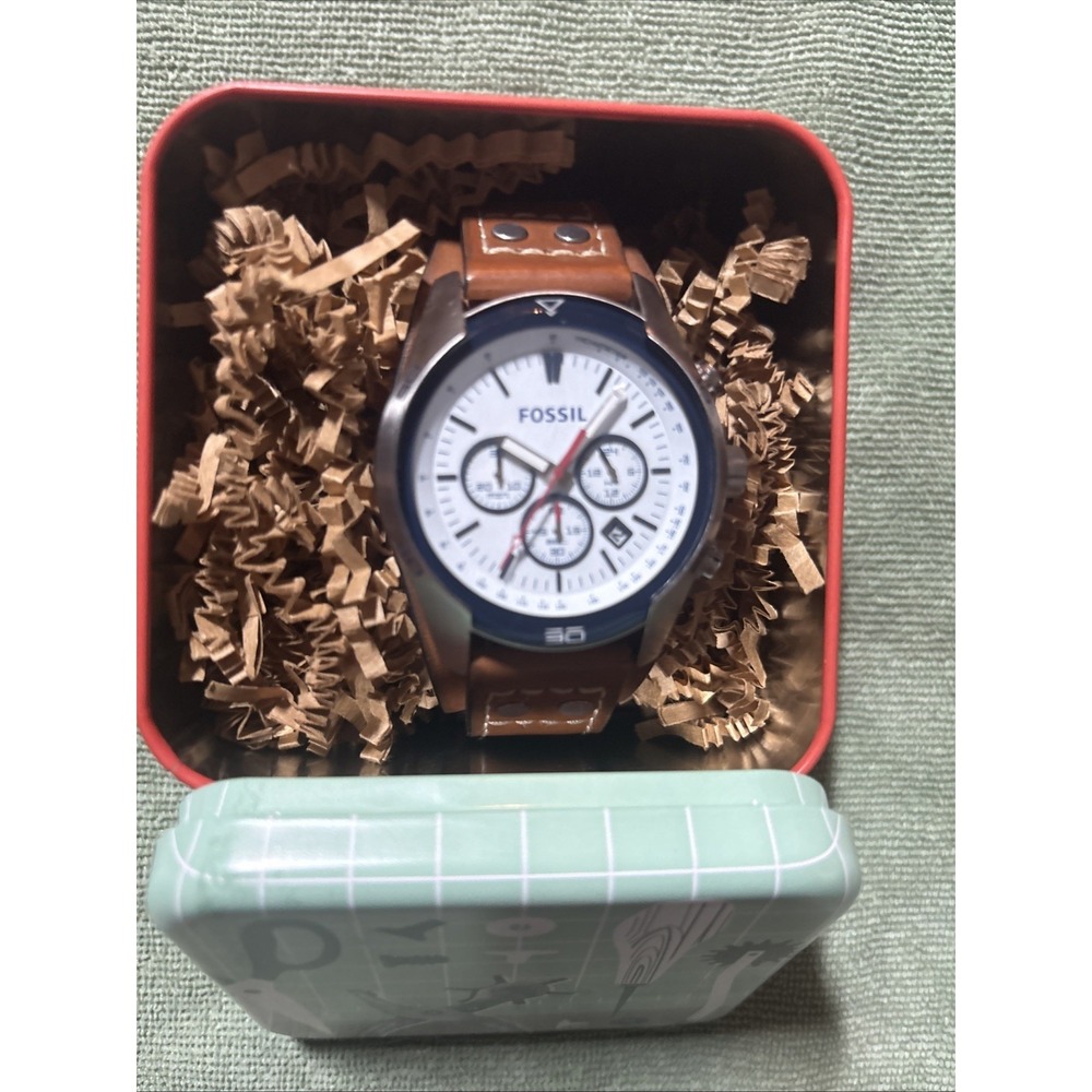 Fossil Coachman Chrono Watch White Black CH2986 Leather New Battery  EUC  /w Tin - Picture 14 of 16